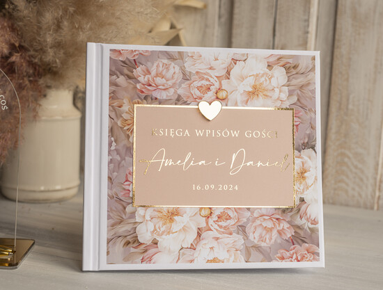 Księgi wpisów gości glamour księga gości na wesele pamiątka ślubu, księga wpisów gości z peoniami złote napisy, elegancka różowo 01/kopZŁM/kwg