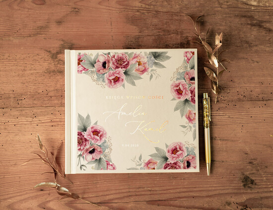 Księgi wpisów gości glamour Bordo kwiaty weselna księga gości album ślubny wyzłocone imiona i data ślubu   3/geokap/kwg