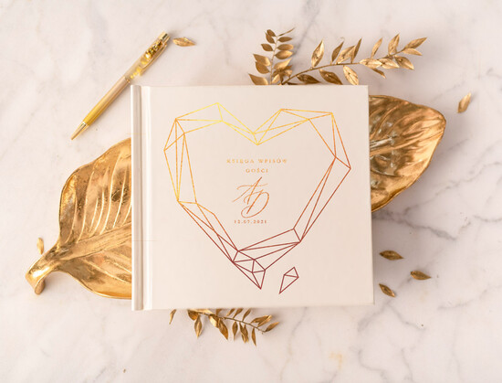 Księgi wpisów gości glamour geometryczne złocone serce weselna księga geometryczne serce wesele w złotych kolorach  10/CBL/kwg