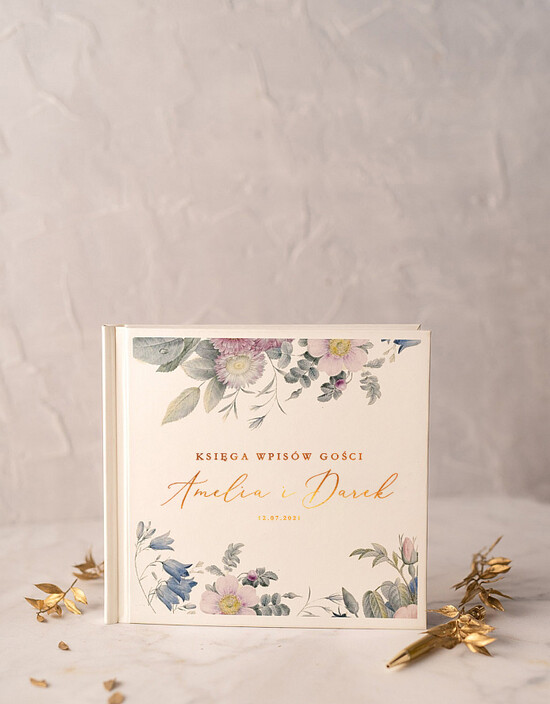Księgi wpisów gości glamour pamiątkowa księga wpisów gości z kwiatową grafiką w pastelowych kolorach  03/goldw/kwg