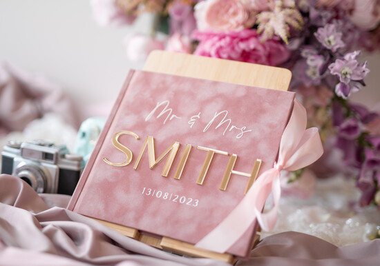 Księgi wpisów gości welurowe fotoalbum ślubny i ksiega gosci weselnych w jednym, ręcznie robiona księga wpisów gości, różowa welu 02/VelLam/kwg