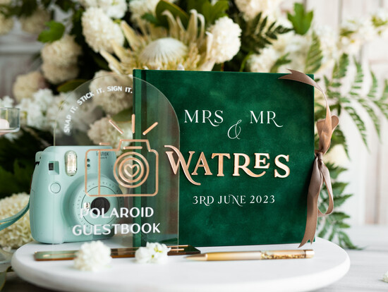 Księgi wpisów gości welurowe zielona księga gości i album na zdjęcia w jednym, album na życzenia i zdjęcia z fotobudki, pamiątkow 01/velgreen/kwgK