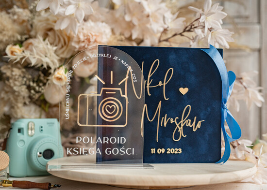 Księgi wpisów gości welurowe granatowa elegancka księga gości i album na zdjęcia w jednym, album na życzenia i zdjęcia z fotobudk 03/velWsM/kwgKOM