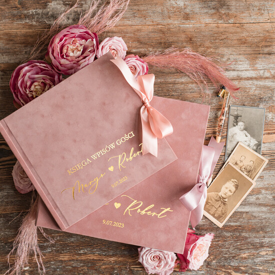 Księgi wpisów gości welurowe komplet księga i pudełko, album ślubny personalizowany i księga gości weselnych w jednym, na zdjęcia 03/velWsboxM/kwg