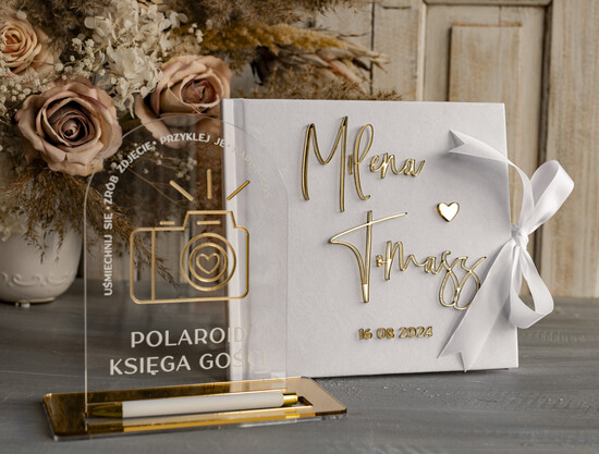 Księgi wpisów gości welurowe biało złota ślubna księga gości i album na zdjęcia w jednym, album na życzenia i zdjęcia z fotobudki 02/velwhite/kwgKOM