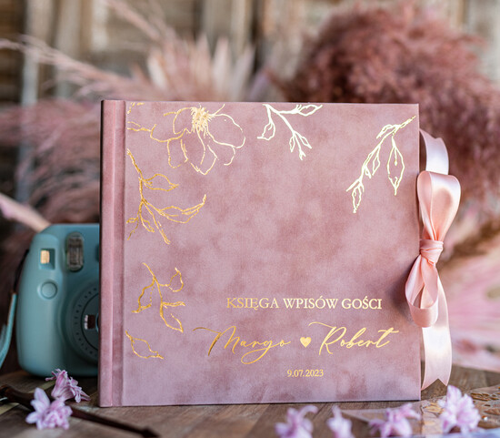 Księgi wpisów gości welurowe różowa welurowa księga gości weselnych z ankietami lub waszymi wydrukami, złote napisy na okładce 06/velWsM/kwg