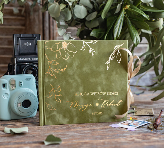 Księgi wpisów gości welurowe welurowa oliwkowa księga wpisów gości, zielono złota księga wpisów gości, księga weselna glamour  15/velWsM/kwg