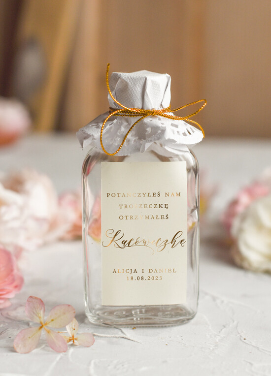 Podziękowania dla Gości Weselnych Butelki pomysłowe podziękowania dla gości, kacówki na własny trunek, małe buteleczki dla gosci weselnych  02/goldbs/bPOdgo