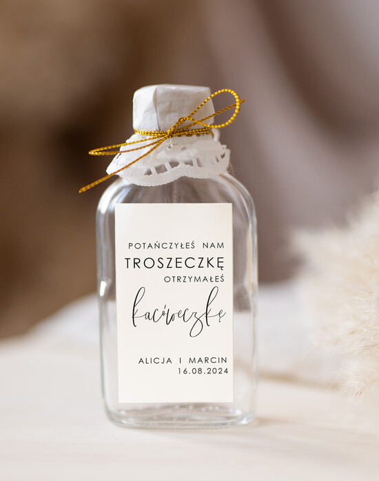 Podziękowania dla Gości Weselnych Butelki kacóweczki na własny trunek, butelki 100 ml z personalizacją, podziękowania dla gości butelki na alk 14/Now/bPOdgo