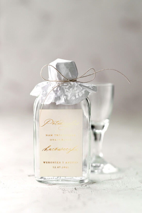 Podziękowania dla Gości Weselnych Butelki złote napisy  podziękowania dla gości buteleczka kacóweczka do własnego wypełnienia   4/gold/bPOdgo