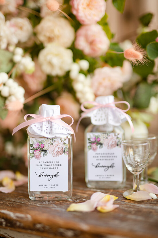 Podziękowania dla Gości Weselnych Butelki podziękowania dla gości po weselu, buteleczka piersioweczka  prezent dla gości 100/roselak/bPOdgo