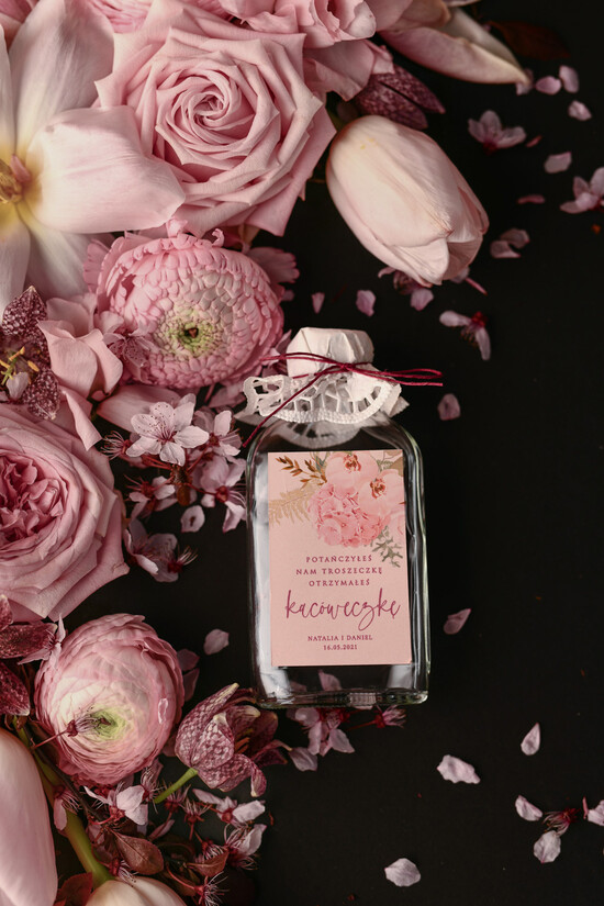 Podziękowania dla Gości Weselnych Butelki prezenty dla gości na weselu, kacóweczki z personalizacją 02/foldroz/bPOdgo