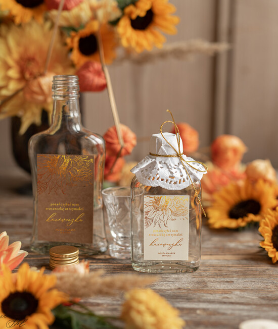 Podziękowania dla Gości Weselnych Butelki unikatowe podziękowania dla gości, kacóweczki do własnego wypełnienia 01/goldrst/bPOdgo