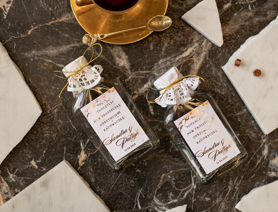 Podziękowania dla Gości Weselnych Butelki prezencik dla gości weselnych, buteleczki na nalewki wesele 1/goldmarmur/bPOdgo