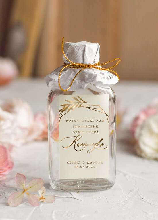 Podziękowania dla Gości Weselnych Butelki upominki dla gości weselnych, małe buteleczki na własny alkohol, pomysł na prezent dla gosci weselny 03/goldsk/bPOdgo