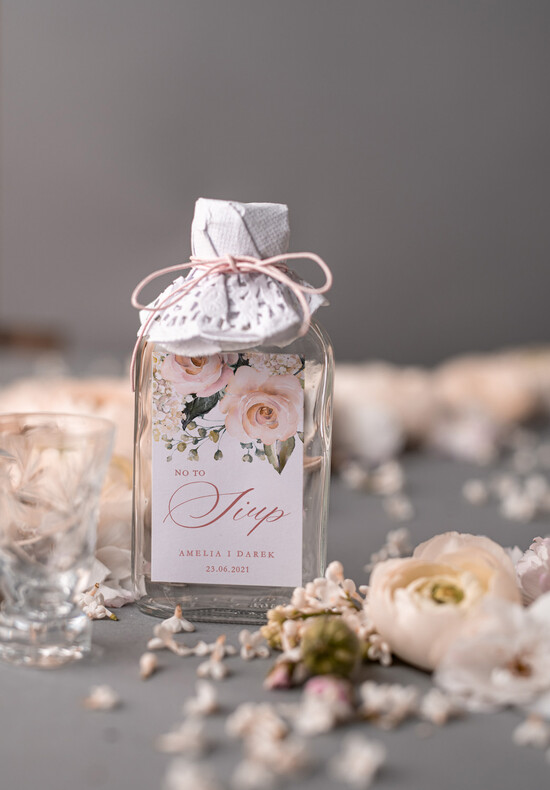 Podziękowania dla Gości Weselnych Butelki prezenciki podziękowania dla gości weselnych, piersióweczki do własnego wypełnienia 1/kalkaF/bPOdgo