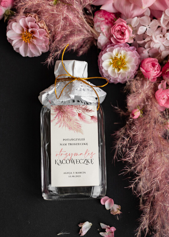 Podziękowania dla Gości Weselnych Butelki prezenty ślubne dla gości weselnych, piersióweczki do własnego wypełnienia 01/pampas/bPOdgo