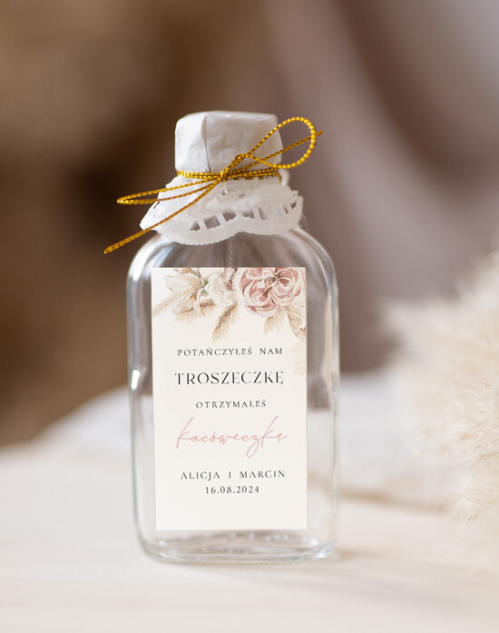 Podziękowania dla Gości Weselnych Butelki upominki podziękowania dla gości za przybycie, piersióweczki do własnego wypełnienia, butelki na wła 29/Now/bPOdgo