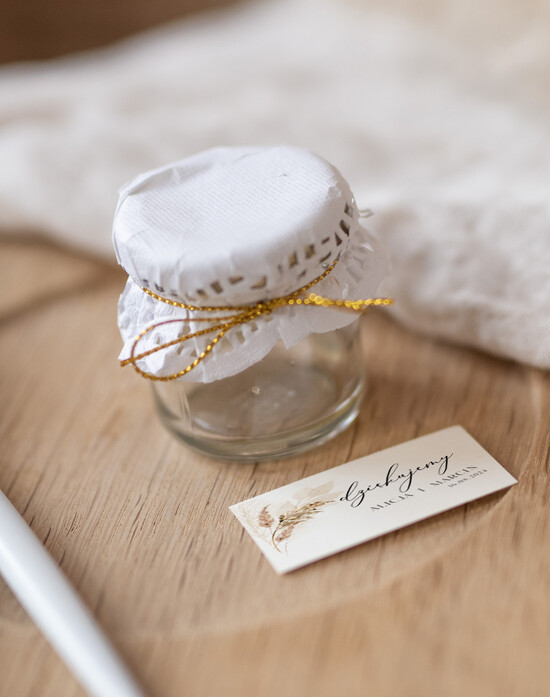 Słodkości / miodki - czekoladki Miody i słoiczki Nutella personalizowane podziękowania dla gości weselnych, miód w słoiku 20/Now/MDp