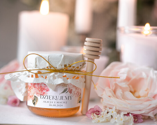 Słodkości / miodki - czekoladki Miody i słoiczki Nutella oryginalne podziękowania dla gości weselnych, mini sloiczki z miodkiem i łyżeczką, pomysł na prezent 01/bohowellak/MD