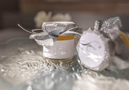 Słodkości / miodki - czekoladki Miody i słoiczki Nutella ślubne upominki dla gości łakocie słoiczki na miód miodek  srebrne napisy 01/GLz5/MD