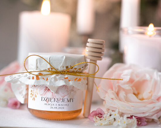 Słodkości / miodki - czekoladki Miody i słoiczki Nutella podziękowanie dla gości weselnych, miody w słoiczku z drewniana łyżeczką, mini słoiczek na miód  01/bohoKAL/MD