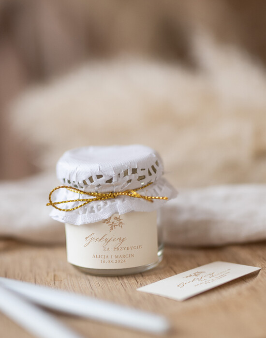 Słodkości / miodki - czekoladki Miody i słoiczki Nutella personalizowane podziękowania dla gości weselnych, mini słoiczek miodek 43/Now/MDp