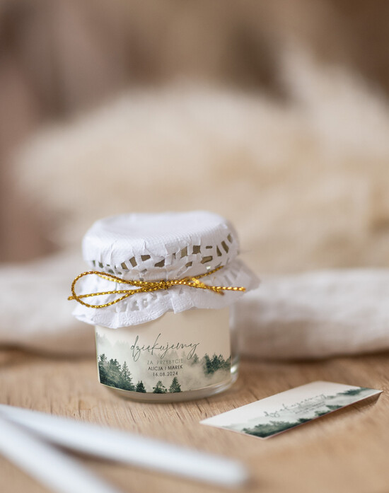 Słodkości / miodki - czekoladki Miody i słoiczki Nutella prezenciki podziękowania dla gości weselnych, miód pszczeli w słoiczku 02/las/MDp