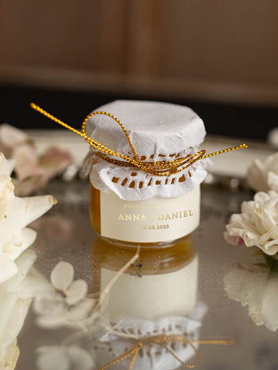 Słodkości / miodki - czekoladki Miody i słoiczki Nutella prezenty ślubne dla gości weselnych, małe słoiczki na prezenty dla gości  08/goldfold/MD
