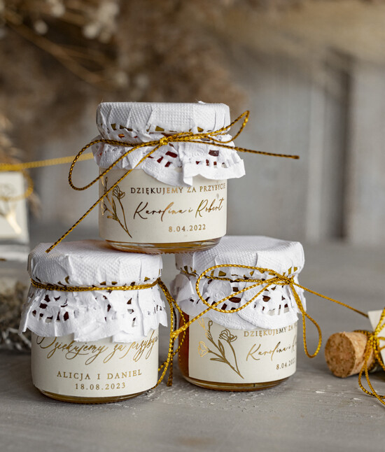 Słodkości / miodki - czekoladki Miody i słoiczki Nutella słodkie podziękowania dla gości, małe miodziki pomysł na prezenty dla gości, słoiczki z miodem lub p 06/gold/MD