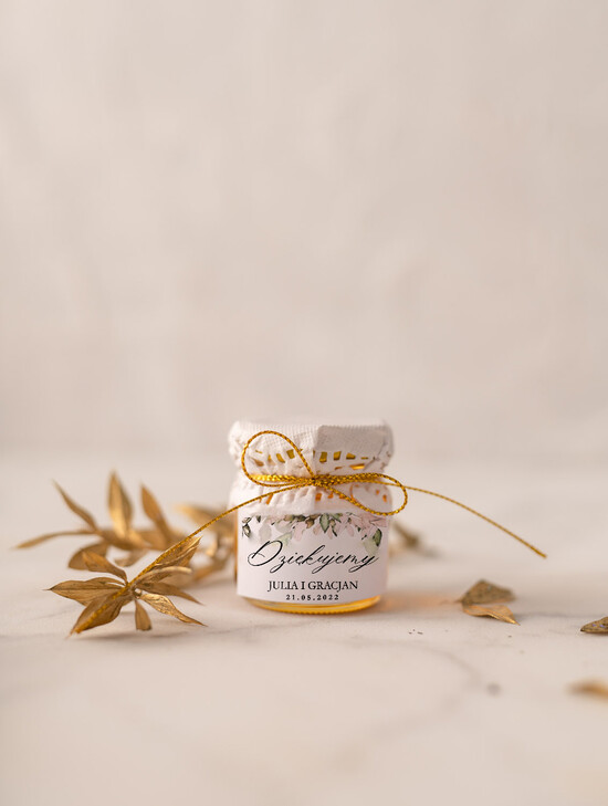 Słodkości / miodki - czekoladki Miody i słoiczki Nutella podarunki ślubne dla gości weselnych słodki poczęstunek miód w słoiczku   01/goldw/MD