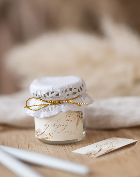 Słodkości / miodki - czekoladki Miody i słoiczki Nutella pamiątki dla gości weselnych, słoiczek miodu z personalizacją 02/NowsK/MDp