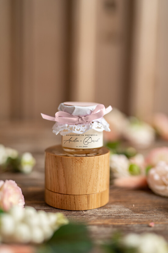 Słodkości / miodki - czekoladki Miody i słoiczki Nutella podziękowania  dla gości weselnych słodki upominek  słoiczki na miód miodek 100/roselak/MD