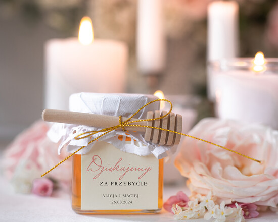 Słodkości / miodki - czekoladki Miody i słoiczki Nutella personalizowane podziękowania dla gości weselnych, słoiczki z miodem i drewnianą łyżeczką  02/słDł/MDD