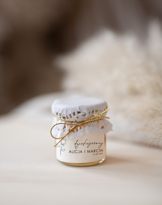 Słodkości / miodki - czekoladki Miody i słoiczki Nutella personalizowane podziękowania dla gości weselnych, mały słoiczek z miodem, mini słoiczki podziękowan 01/NowOW/MD