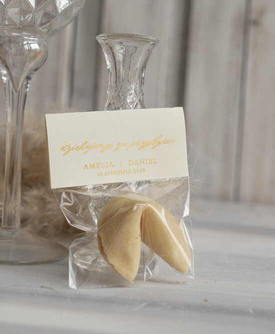 Podziękowania dla Gości Weselnych Ciasteczka z wróżbą pamiątki dla gości weselnych, ciasteczko z wróżbą z karteczką ze złotymi literami, podziękowania dla 01/perL/ciasteczko