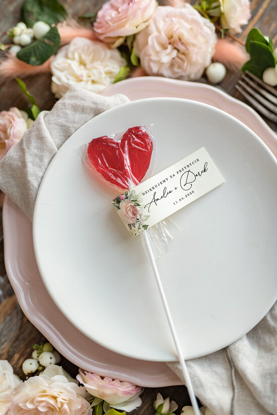 Słodkości / miodki - czekoladki Lizaki ślubne upominki dla gości weselnych lizaki serca  100/roselak/LIZ