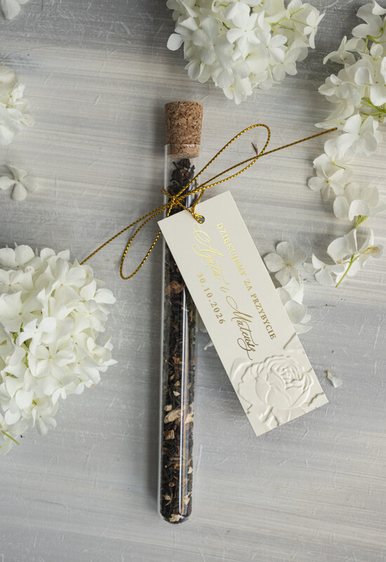 Fiolki i Saszetki Kawa i Herbata Fiolki eleganckie złote podziękowanie dla gości weselnych, piękne podziękowania dla gości fiolka z herbata, 01/KieszKalWs/fiolka25