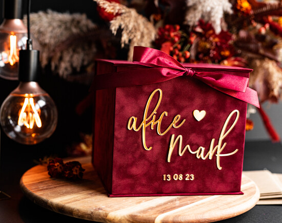 Pudełko na koperty  glamour Personalizowana bordowa welurowa kopertówka ze złotymi napisami, bordowy cieniowany welur, pudełko n 01/velBur/kopr