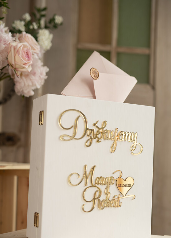 Pudełko na koperty  glamour biała skrzynka na kartki ślubne pudełko box na koperty z życzeniami złote napisy wasze imiona 4/gold/kopr