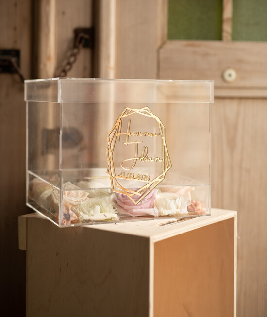 Pudełko na koperty  glamour przezroczysta skrzynka na koperty ślubne pudełko na kartki z życzeniami złote litery wasze imiona 9/akrylkwiaty/kopr