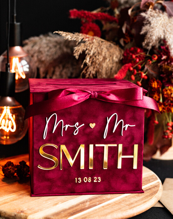 Pudełko na koperty  glamour Personalizowana bordowa welurowa kopertówka ze złotymi napisami, bordowy cieniowany welur, pudełko n 02/velBur/kopr