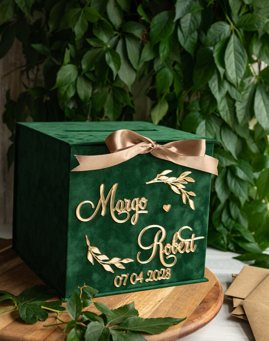 Pudełko na koperty  glamour Personalizowana zielona welurowa kopertówka ze złotymi napisami, zielony cieniowany welur, pudełko n 03/velgreen/kopr