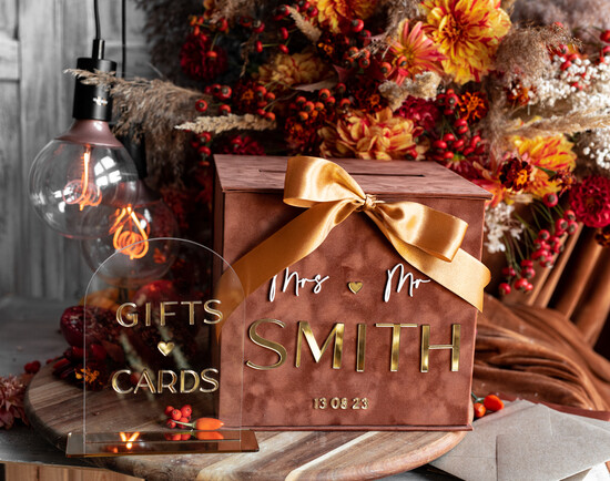 Pudełko na koperty  glamour Elegancka brązowo złota welurowa kopertówka ze złotymi napisami, brązowy cieniowany welur, pudełko n 01/velgold/koprZ