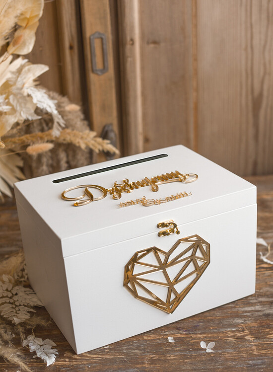 Pudełko na koperty  glamour ślubne pudełko na koperty, drewniane białe pudełko na koperty złote napisy, elegancka kopertówka ślu 02/ZŁdr/kopr