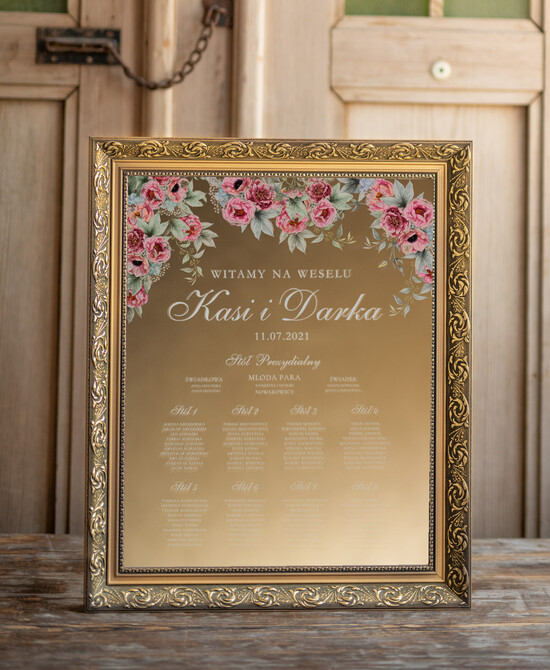 Plany stołów złote na lustrze  złoty plan stłów na lustrze usadzenie gości na weselu złota ozdobna rama powitanie gości  3/lustro/PL