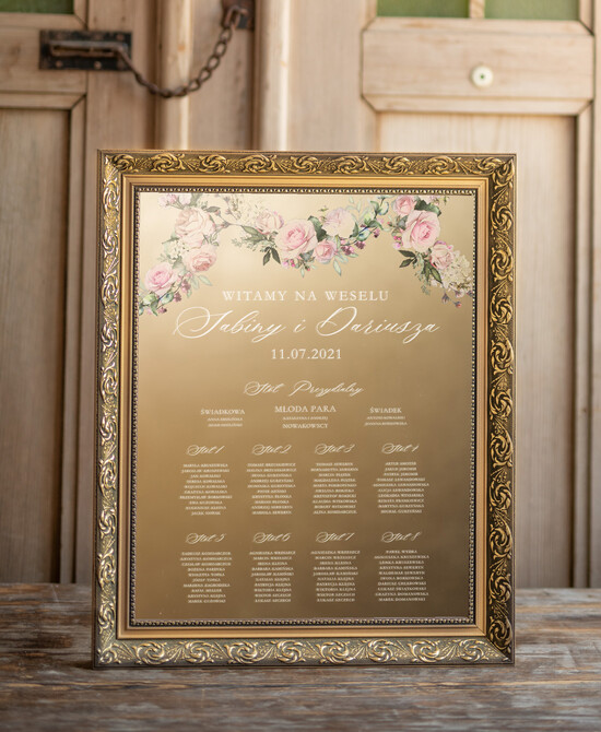 Plany stołów złote na lustrze  złota tablica plan stołow na lustrze usadzenie gości na weselu złota ozdobna rama powitanie gości pi 8/lustro/PL