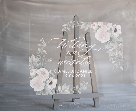 Plany stołów na pleksie - akryl Powitanie gości na weselu przezroczysta tablica   Plexi Witamy na weselu tablica z powitaniem gości  13/akrylP/PL