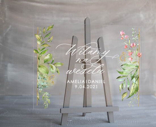 Plany stołów na pleksie - akryl Powitanie gości na weselu przezroczysta tablica   Plexi Witamy na weselu tablica z powitaniem gości  17/akrylP/PL