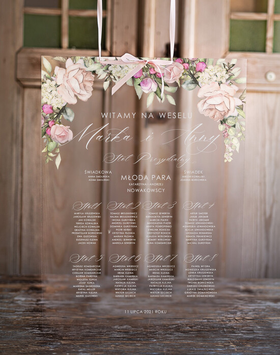 Plany stołów na pleksie - akryl Przeźroczysta plansza powitanie gości i plan stołów w jednym   Powitanie gości na weselu przezroczys 3/akryl/PL